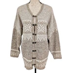 Fair Isle Sweater LARGE Metal Closures  Y2K  Tan White  Long Sleeve  Preppy